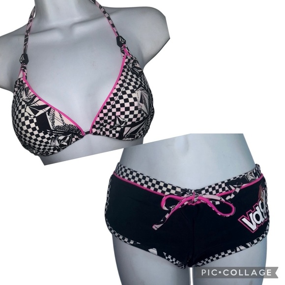 Volcom Boy Shorts Logo S Swimsuit Bikini Bottoms Black Check Pink Free B… - Picture 1 of 9
